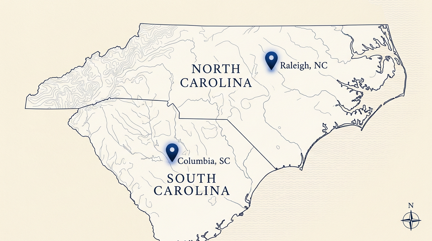 Map of the Carolinas showing Sweep Dreams Cleaning service areas around Columbia, SC and Raleigh, NC